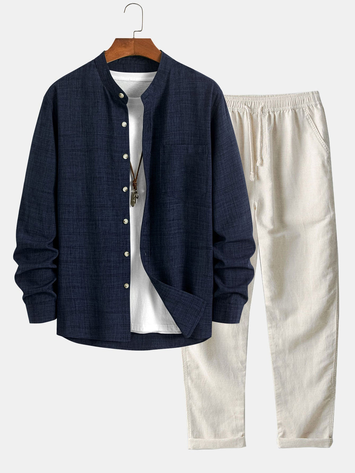 Quill | Camisa Cuello Mao y Pantalón de Lino - Azul Marino
