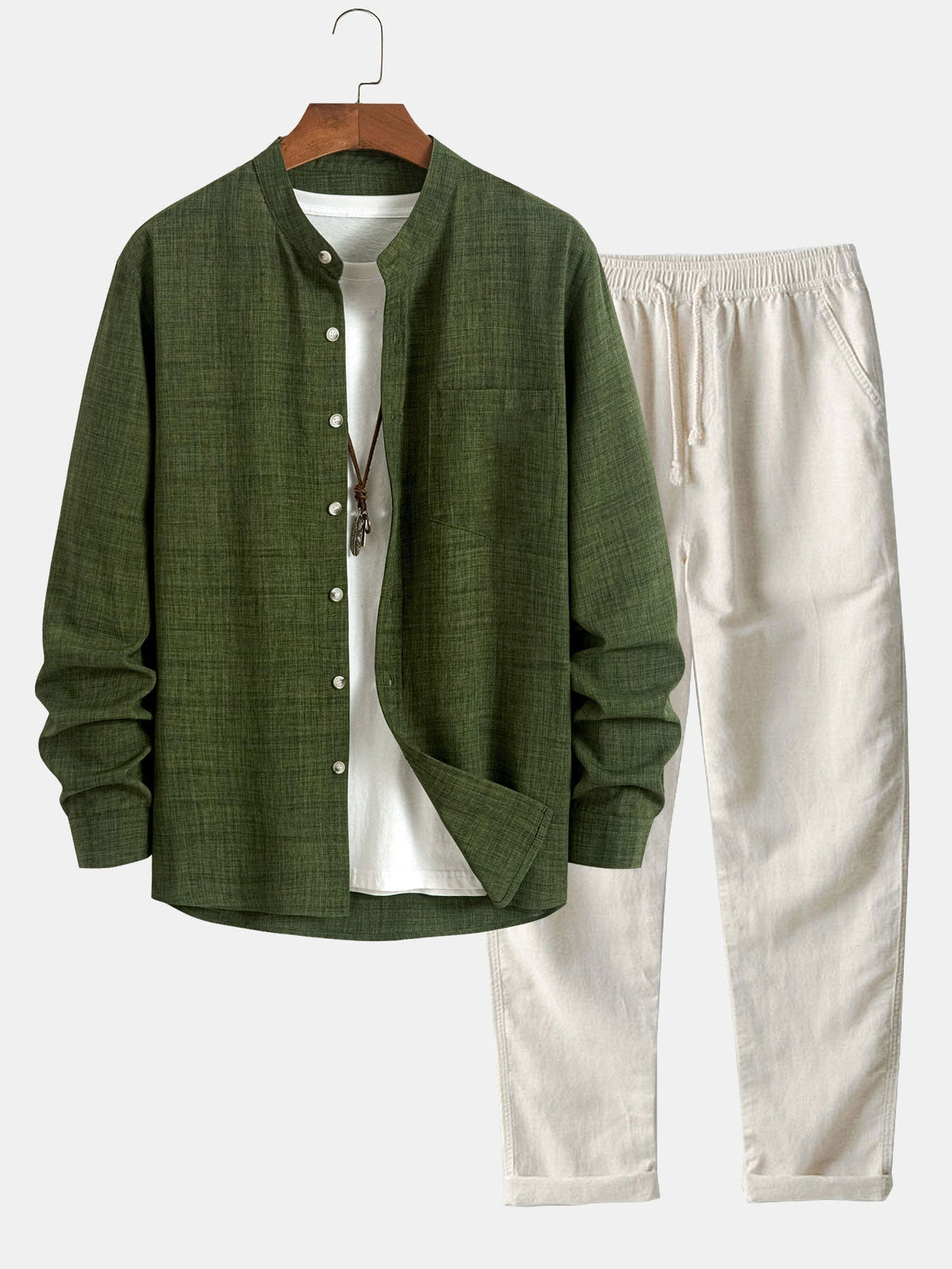 Quill | Camisa Cuello Mao y Pantalón de Lino - Verde Oscuro