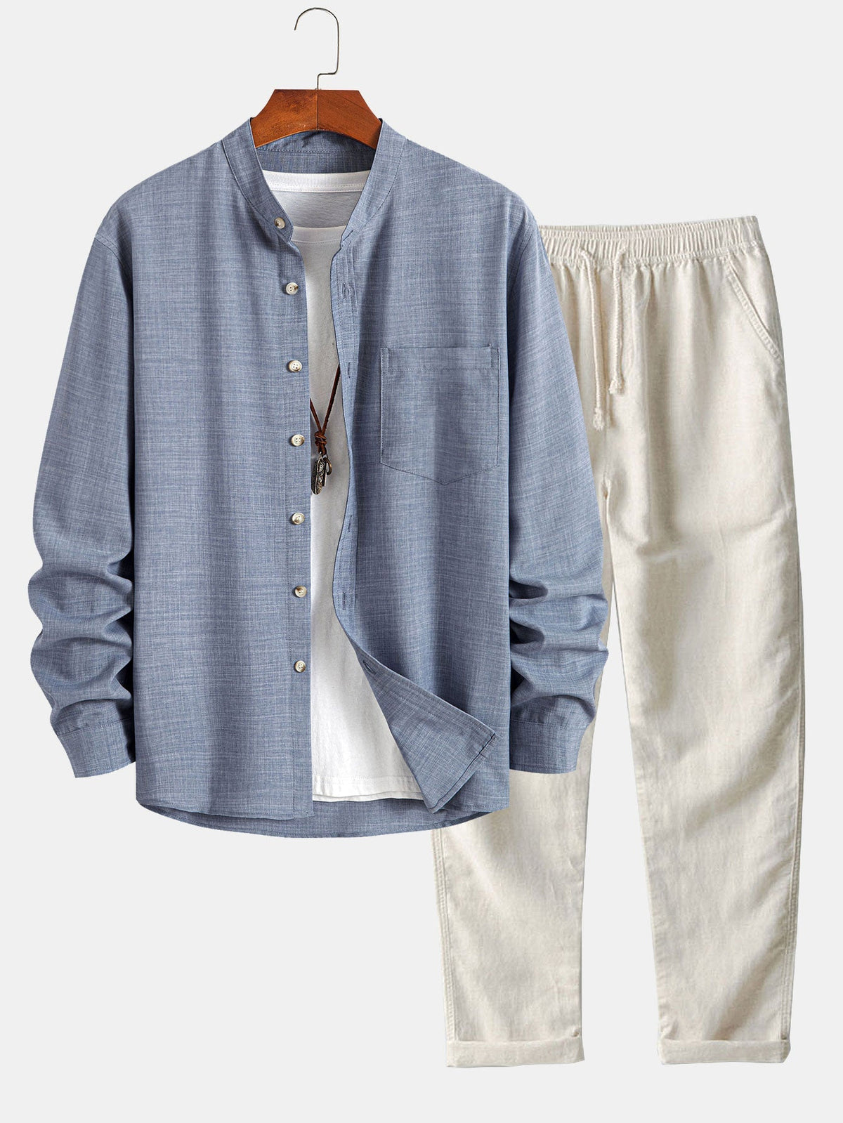 Quill | Camisa Cuello Mao y Pantalón de Lino - Azul Claro