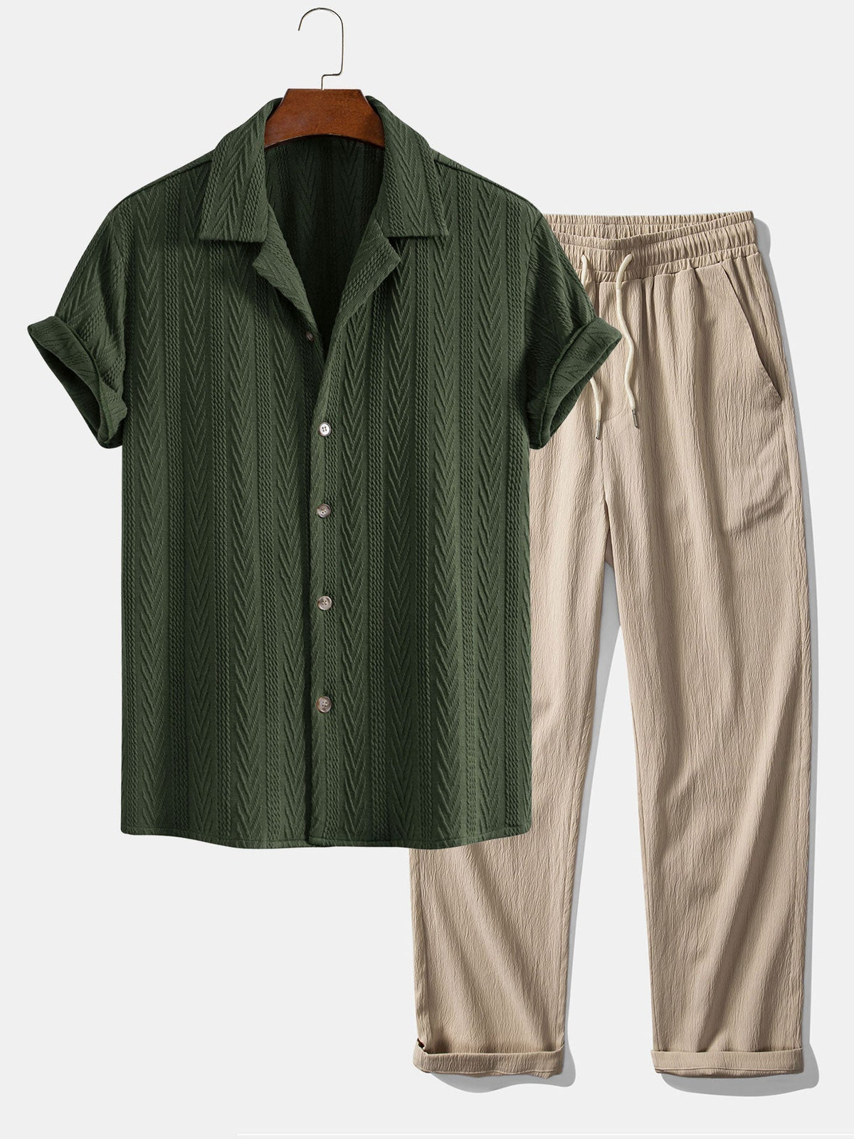 Andres | Camisa Cubana Jacquard y Pantalón Texturizado - Verde Oscuro