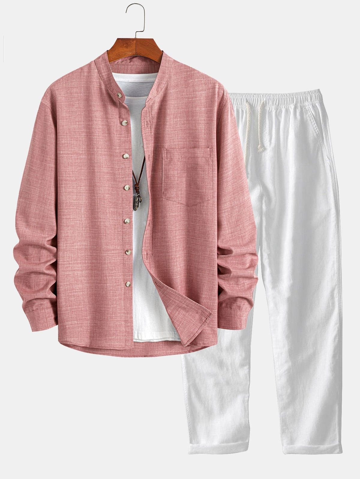 Quill | Camisa Cuello Mao y Pantalón de Lino - Rosa Claro