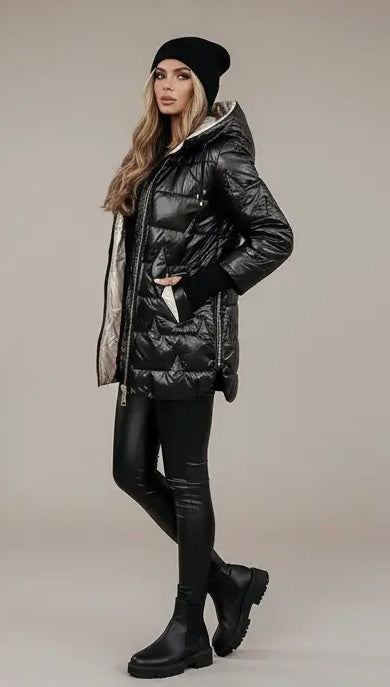 Champagne | Elegante abrigo de invierno con capucha.