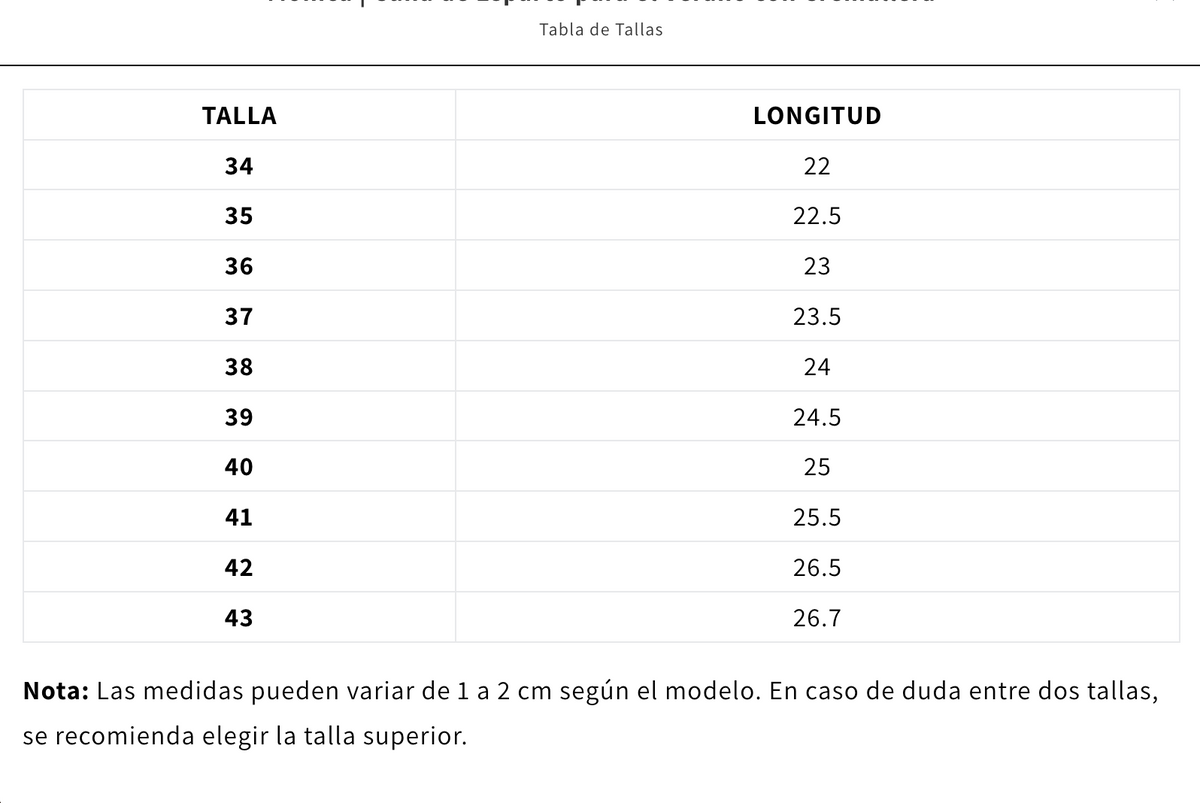 Guía de tallas del producto
