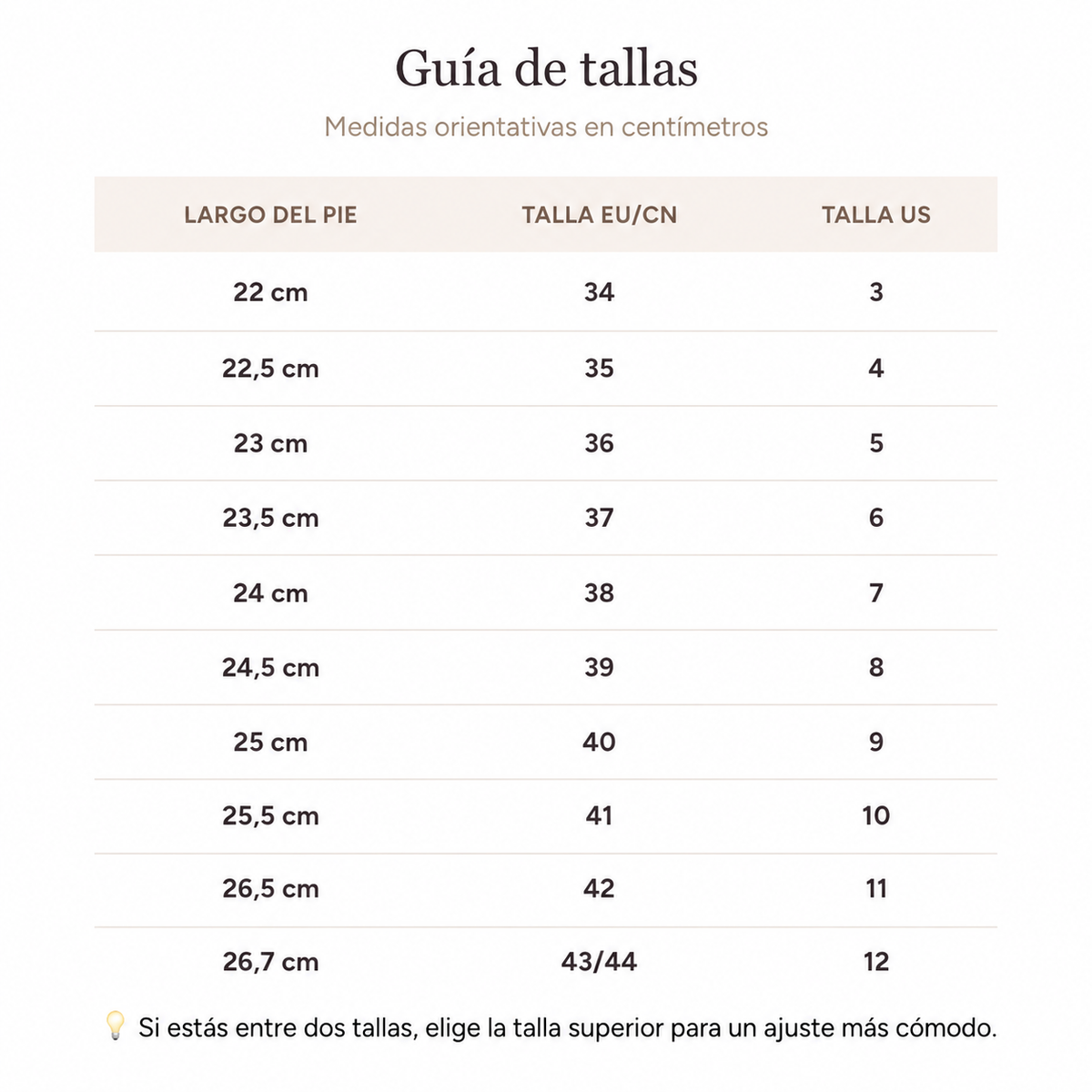 Guía de tallas del producto