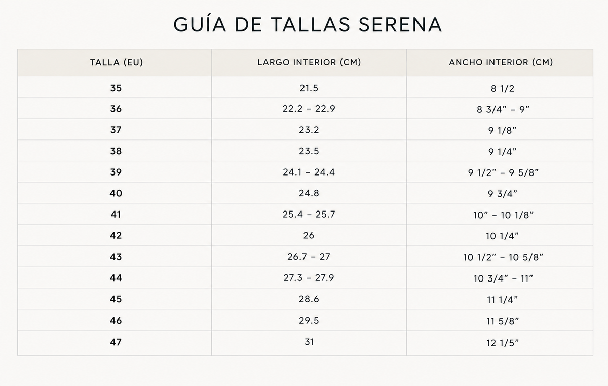 Guía de tallas del producto