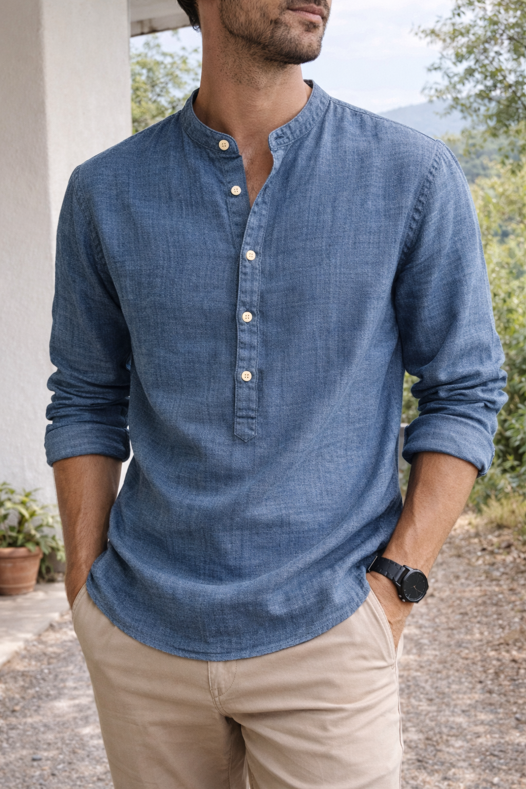 Camisa Axel Henley | Cuello Mao y Botonadura - Azul