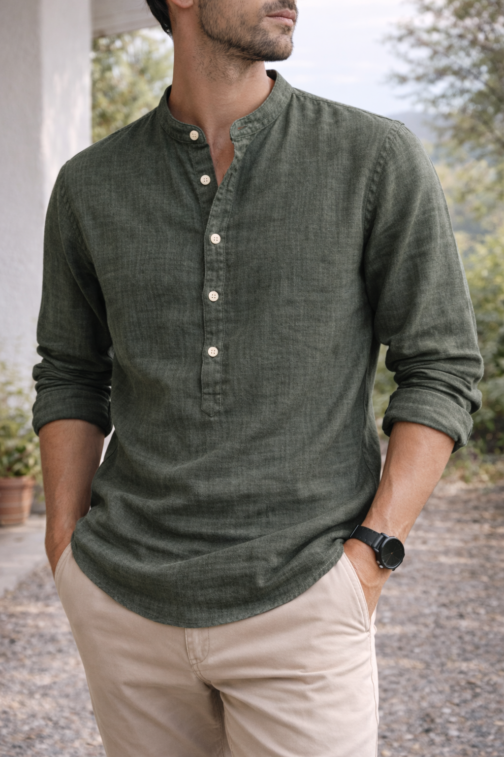 Camisa Axel Henley | Cuello Mao y Botonadura - Verde