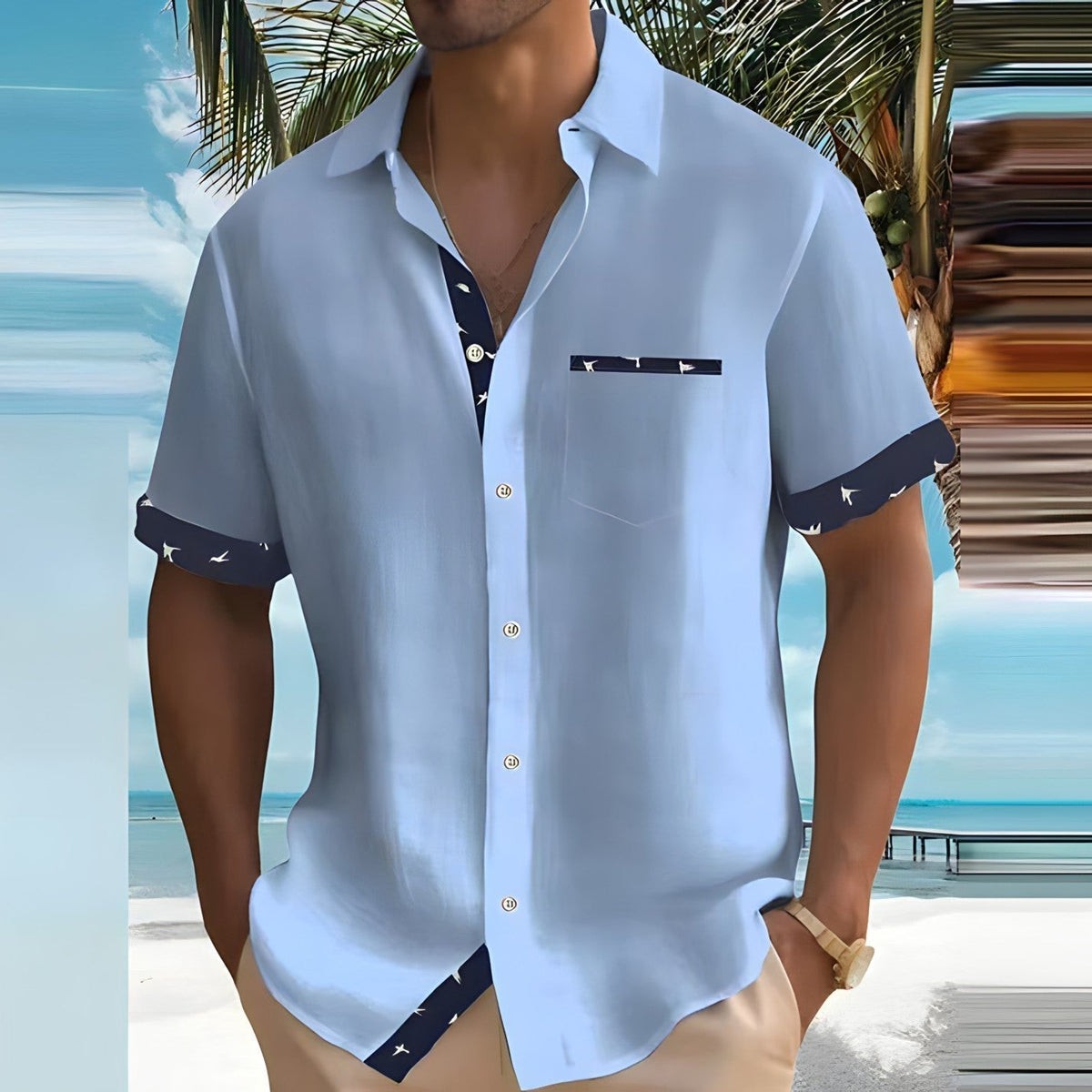 Camisa Rowan de Manga Corta | Detalles en Contraste y Corte Ligero - Azul