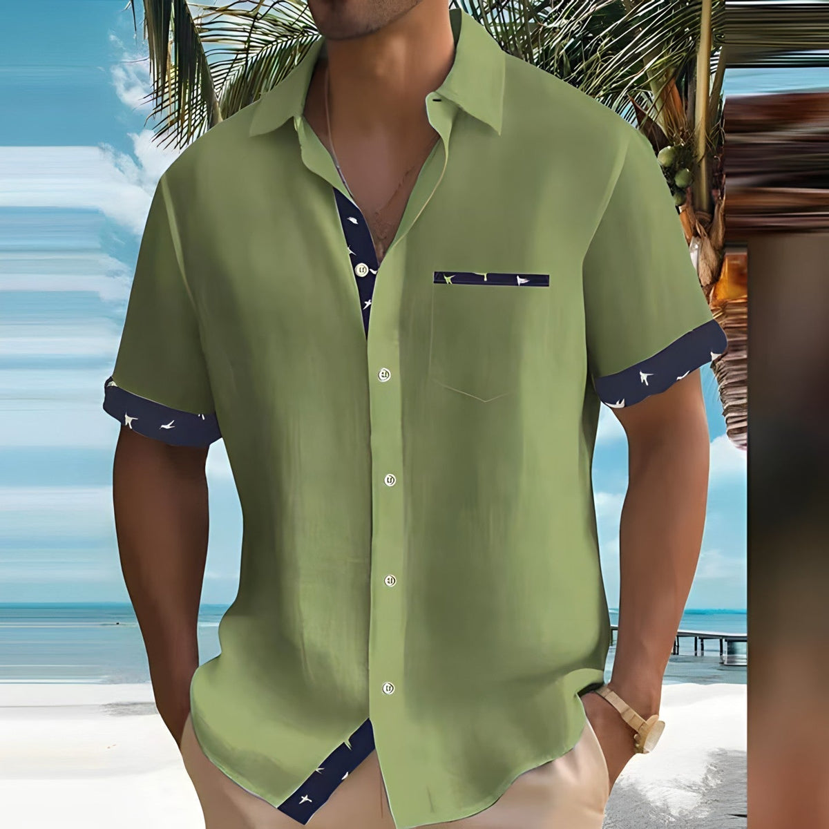 Camisa Rowan de Manga Corta | Detalles en Contraste y Corte Ligero - Verde