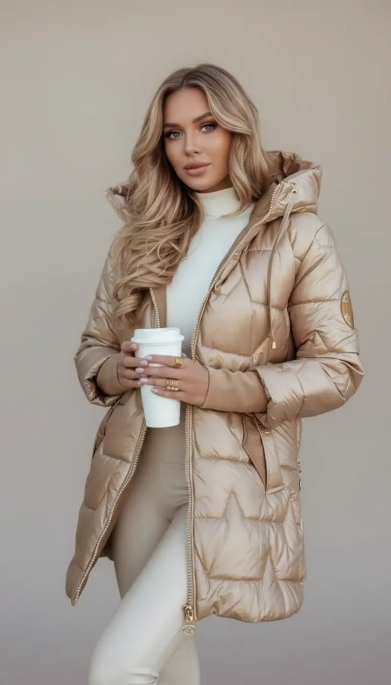 Champagne | Elegante abrigo de invierno con capucha.