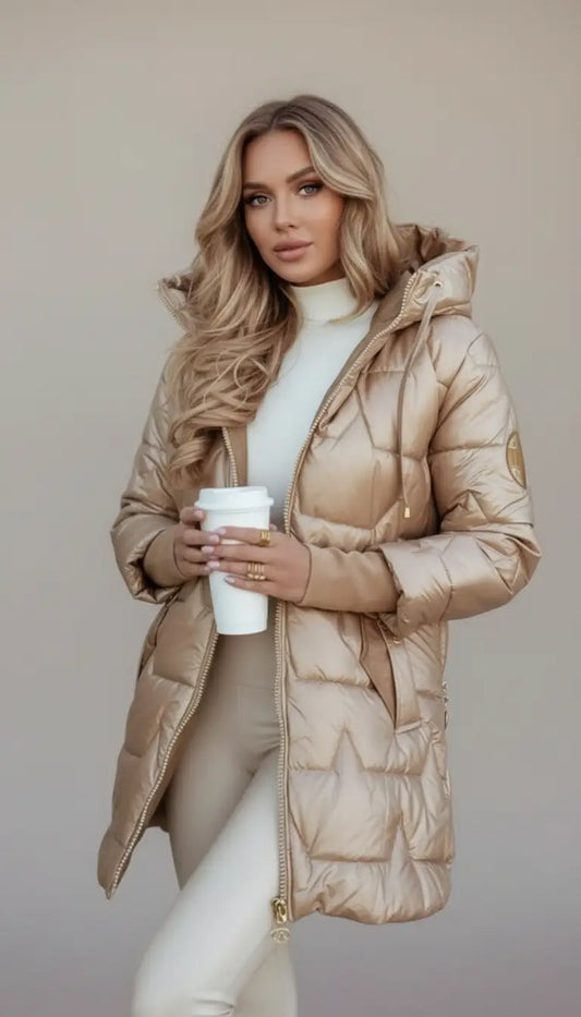 Champagne | Elegante abrigo de invierno con capucha.