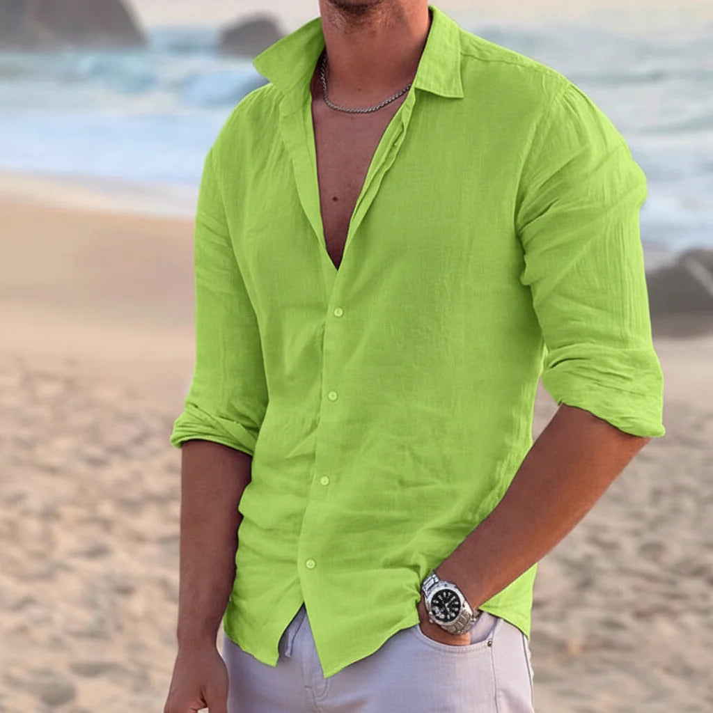 Camisa Sterling de Manga Larga | Lisa e Informal con Cuello Solapa Abierto - Verde