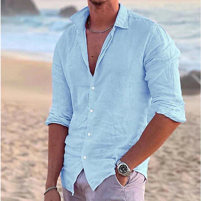 Camisa Sterling de Manga Larga | Lisa e Informal con Cuello Solapa Abierto - Azul claro
