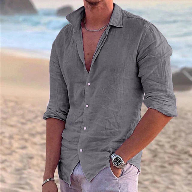 Camisa Sterling de Manga Larga | Lisa e Informal con Cuello Solapa Abierto - Gris