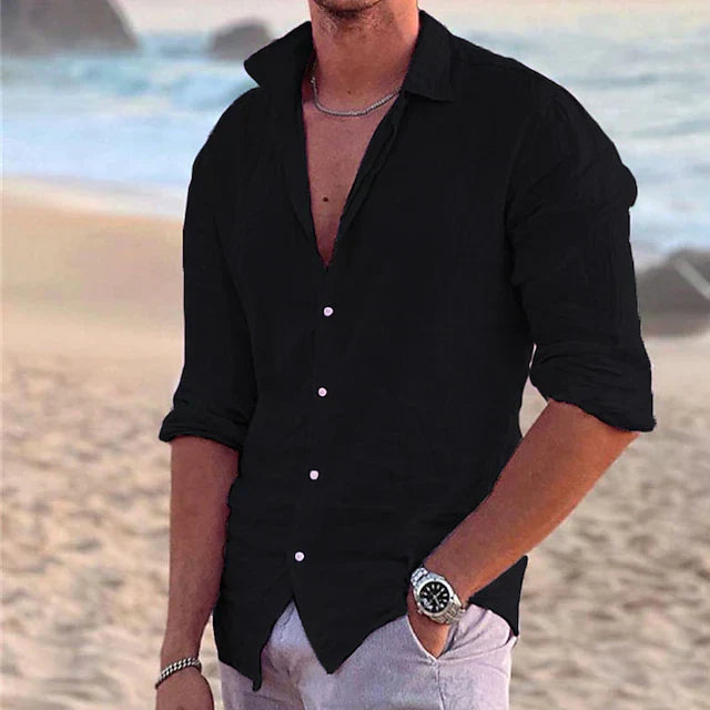 Camisa Sterling de Manga Larga | Lisa e Informal con Cuello Solapa Abierto - Negro