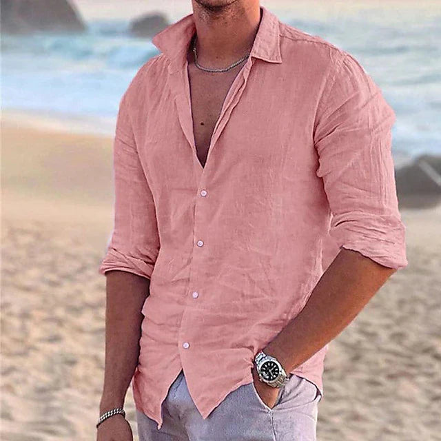 Camisa Sterling de Manga Larga | Lisa e Informal con Cuello Solapa Abierto - Rosa