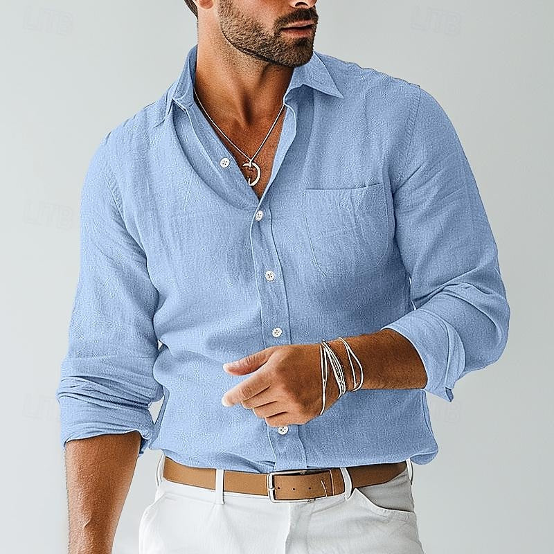 Camisa Barrett de Manga Larga | Lisa e Informal con Bolsillo y Cuello Solapa - Azul