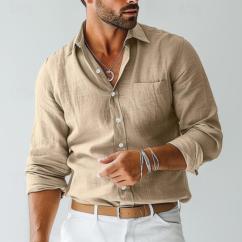Camisa Barrett de Manga Larga | Lisa e Informal con Bolsillo y Cuello Solapa - Caqui