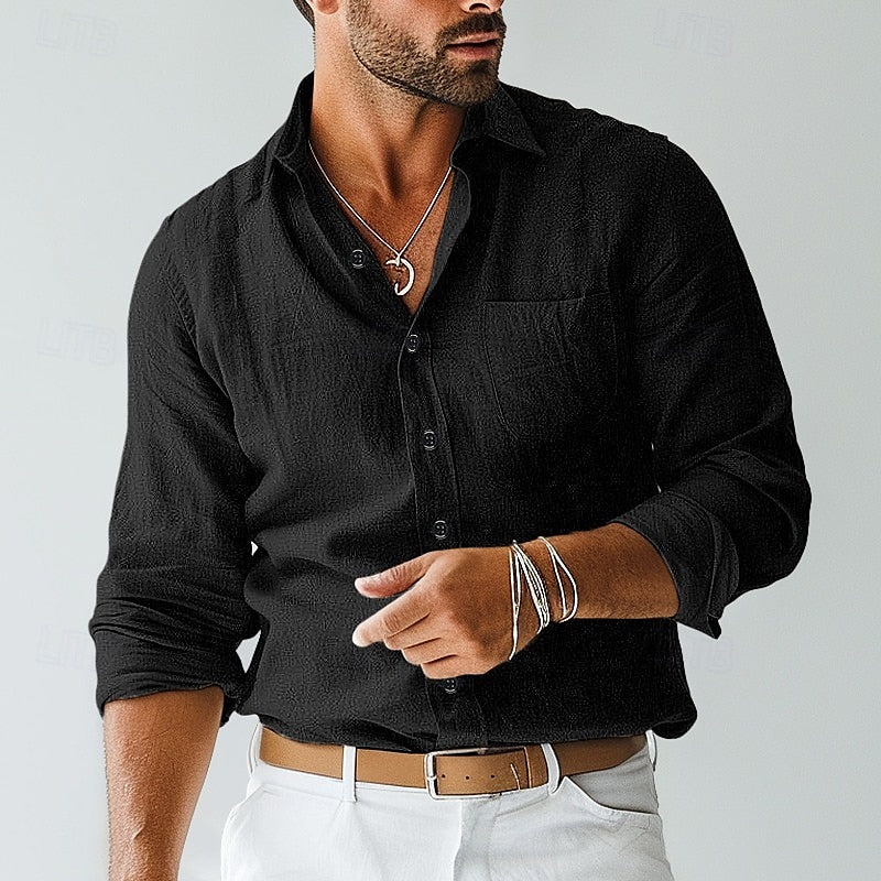 Camisa Barrett de Manga Larga | Lisa e Informal con Bolsillo y Cuello Solapa - Negro