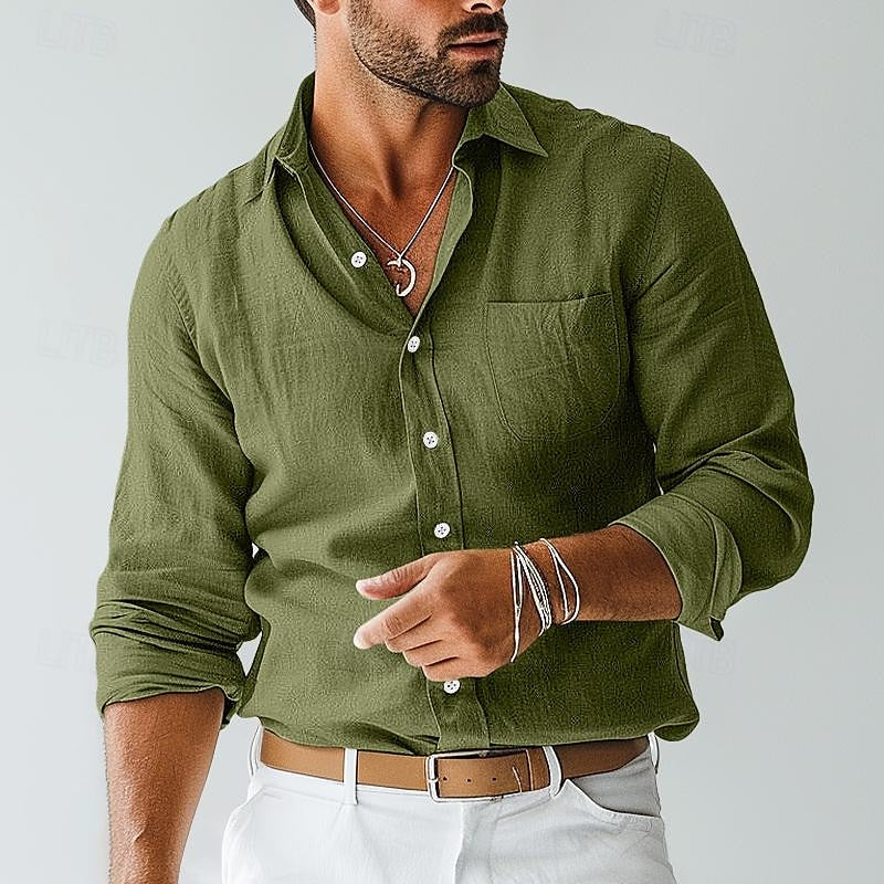 Camisa Barrett de Manga Larga | Lisa e Informal con Bolsillo y Cuello Solapa - Verde
