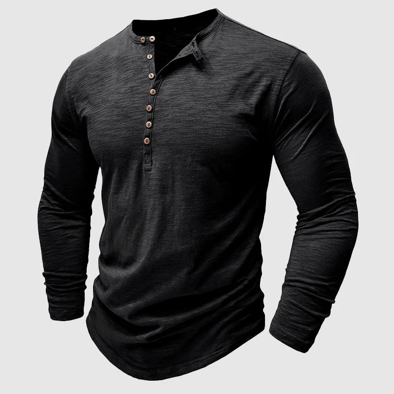 Camiseta Asher Henley de Manga Larga | Look Informal y Confort Transpirable - Negro