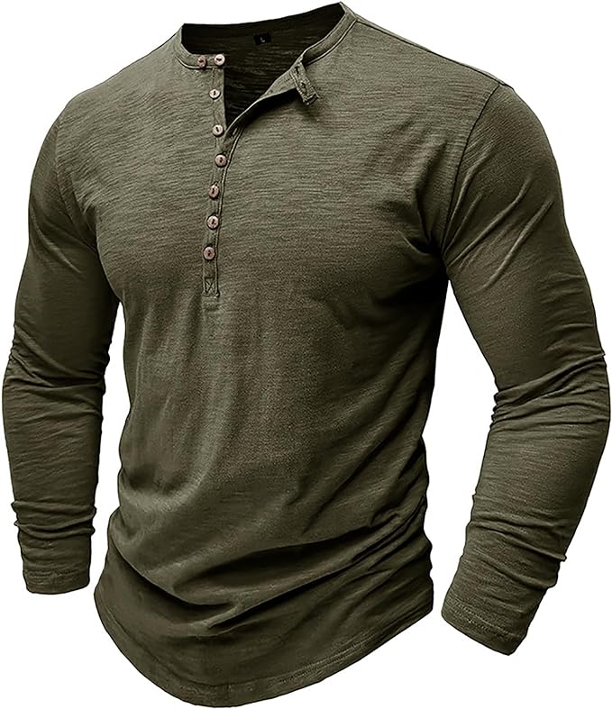 Camiseta Asher Henley de Manga Larga | Look Informal y Confort Transpirable - Verde oscuro