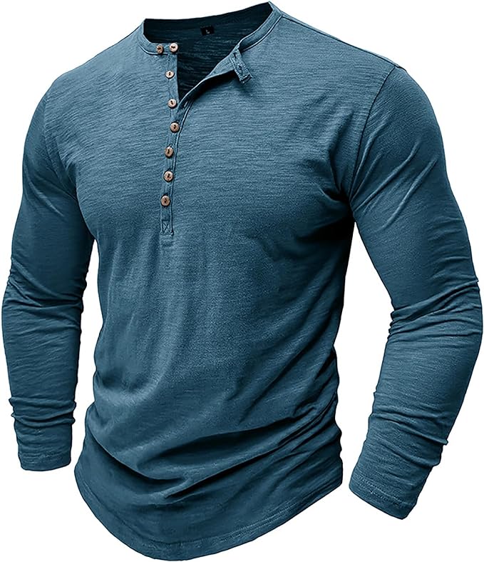Camiseta Asher Henley de Manga Larga | Look Informal y Confort Transpirable - Azul