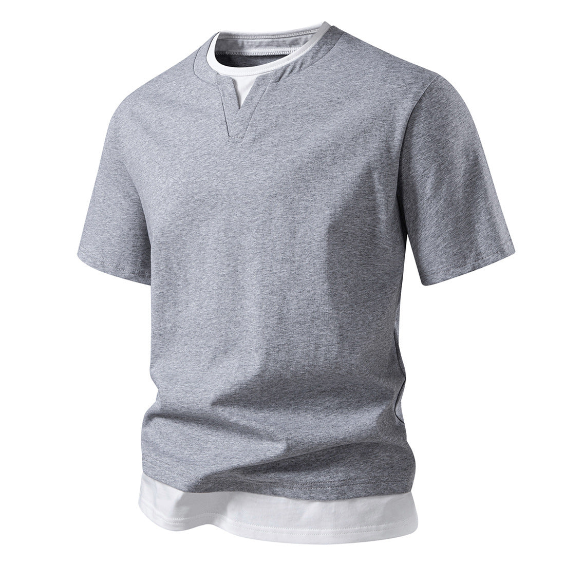 Camiseta Elio Cuello Pico | Efecto Capas con Doble Dobladillo - Gris claro