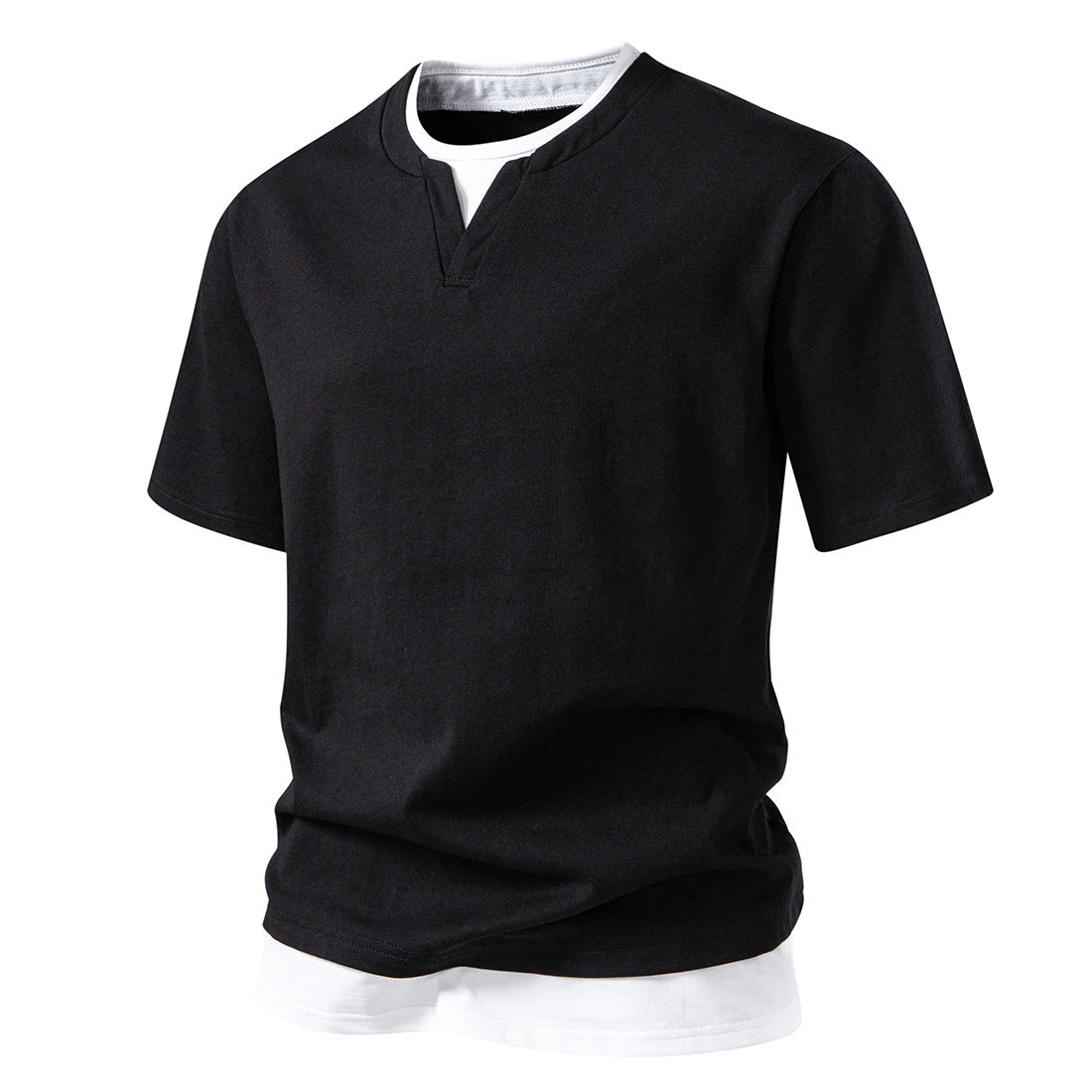 Camiseta Elio Cuello Pico | Efecto Capas con Doble Dobladillo - Negro