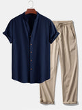 Diego | Camisa Cuello Pico y Pantalón Texturizado - Azul Marino y Camel