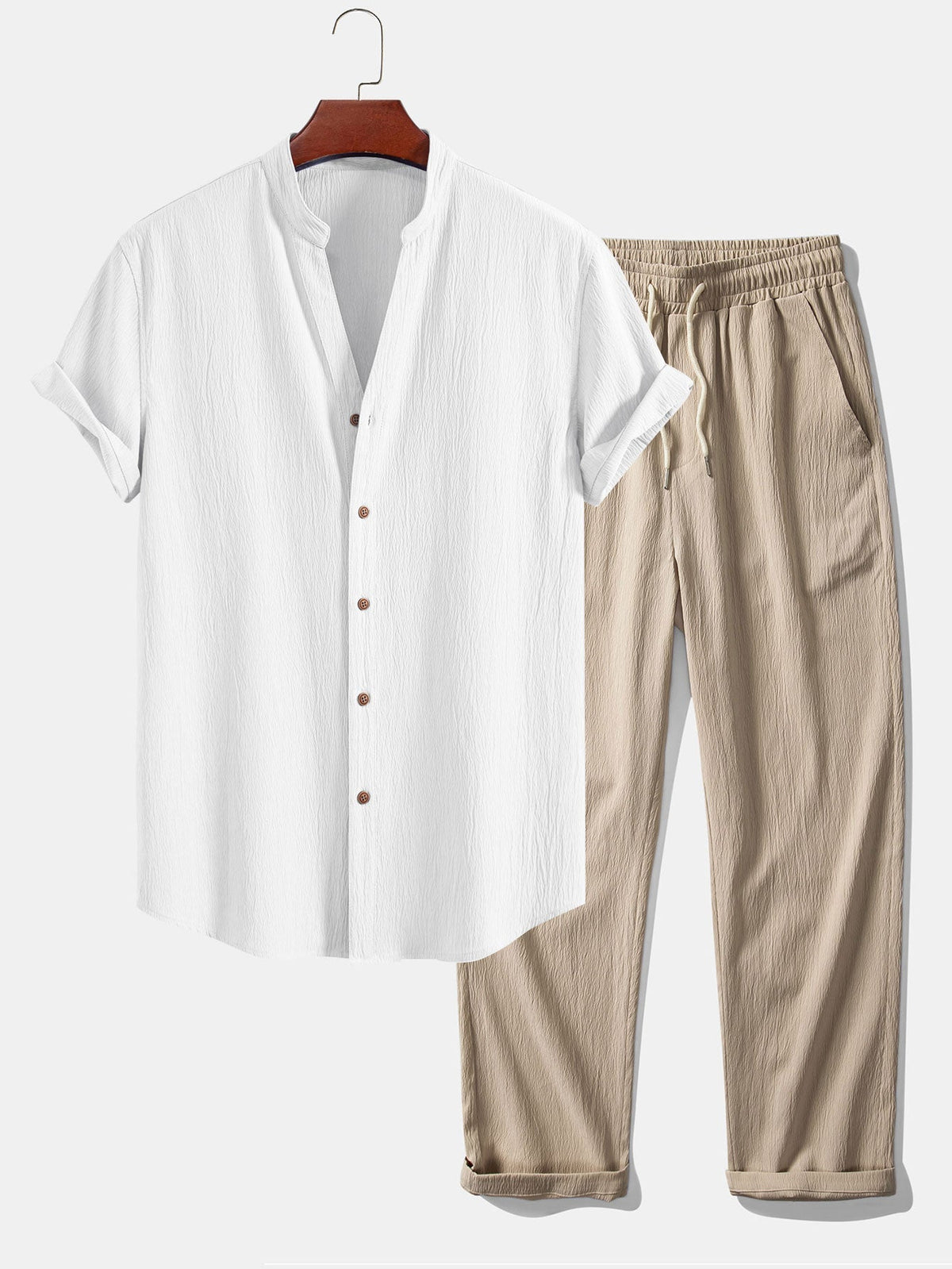 Diego | Camisa Cuello Pico y Pantalón Texturizado - Blanco y Camel