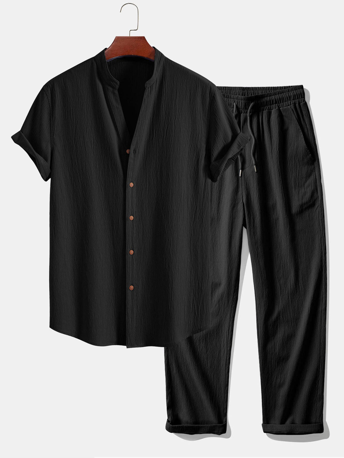 Diego | Camisa Cuello Pico y Pantalón Texturizado - Negro Total