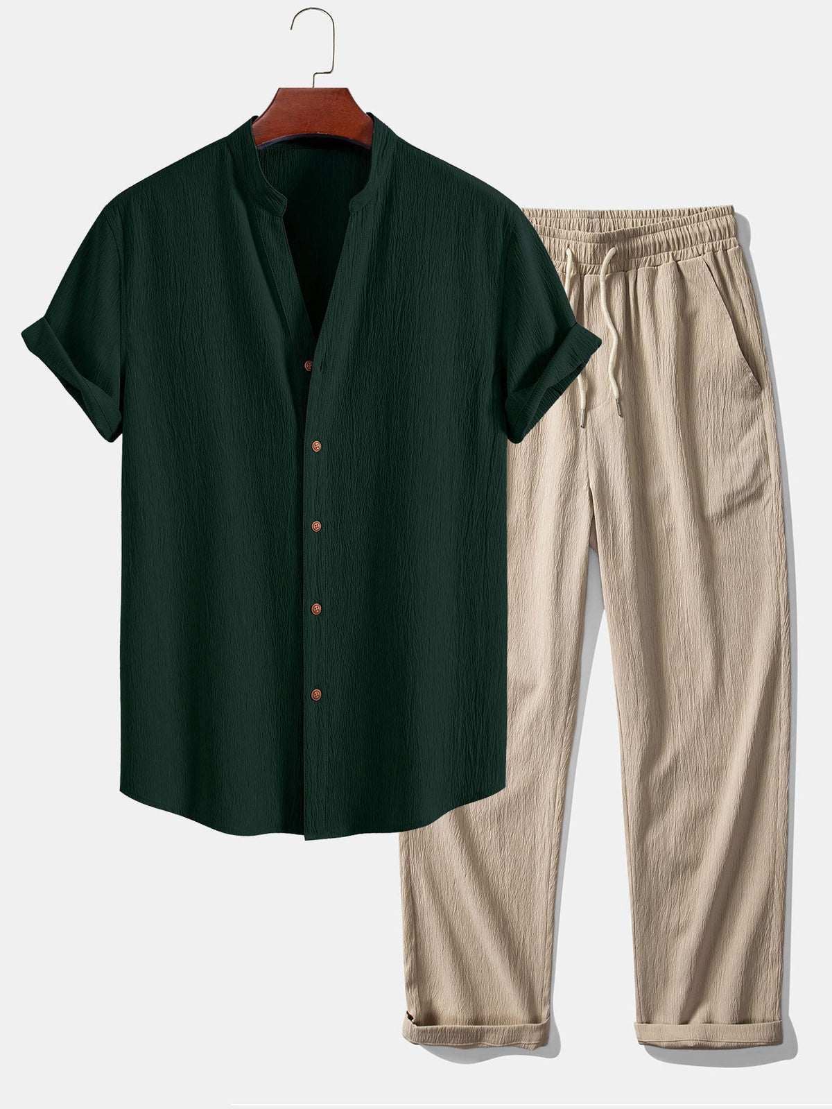 Diego | Camisa Cuello Pico y Pantalón Texturizado - Verde Oscuro y Camel