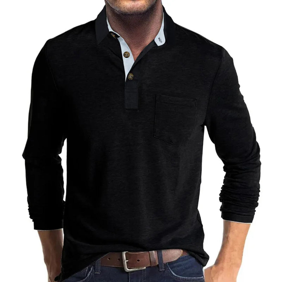 Polo Wilfred de Manga Larga | Cuello en Contraste y Bolsillo de Pecho - Negro