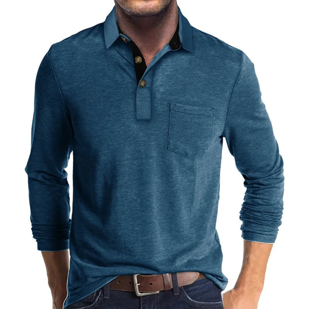 Polo Wilfred de Manga Larga | Cuello en Contraste y Bolsillo de Pecho - Azul