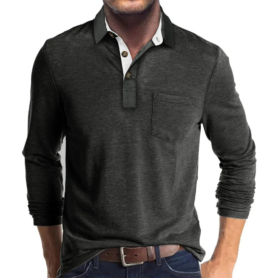 Polo Wilfred de Manga Larga | Cuello en Contraste y Bolsillo de Pecho - Gris oscuro