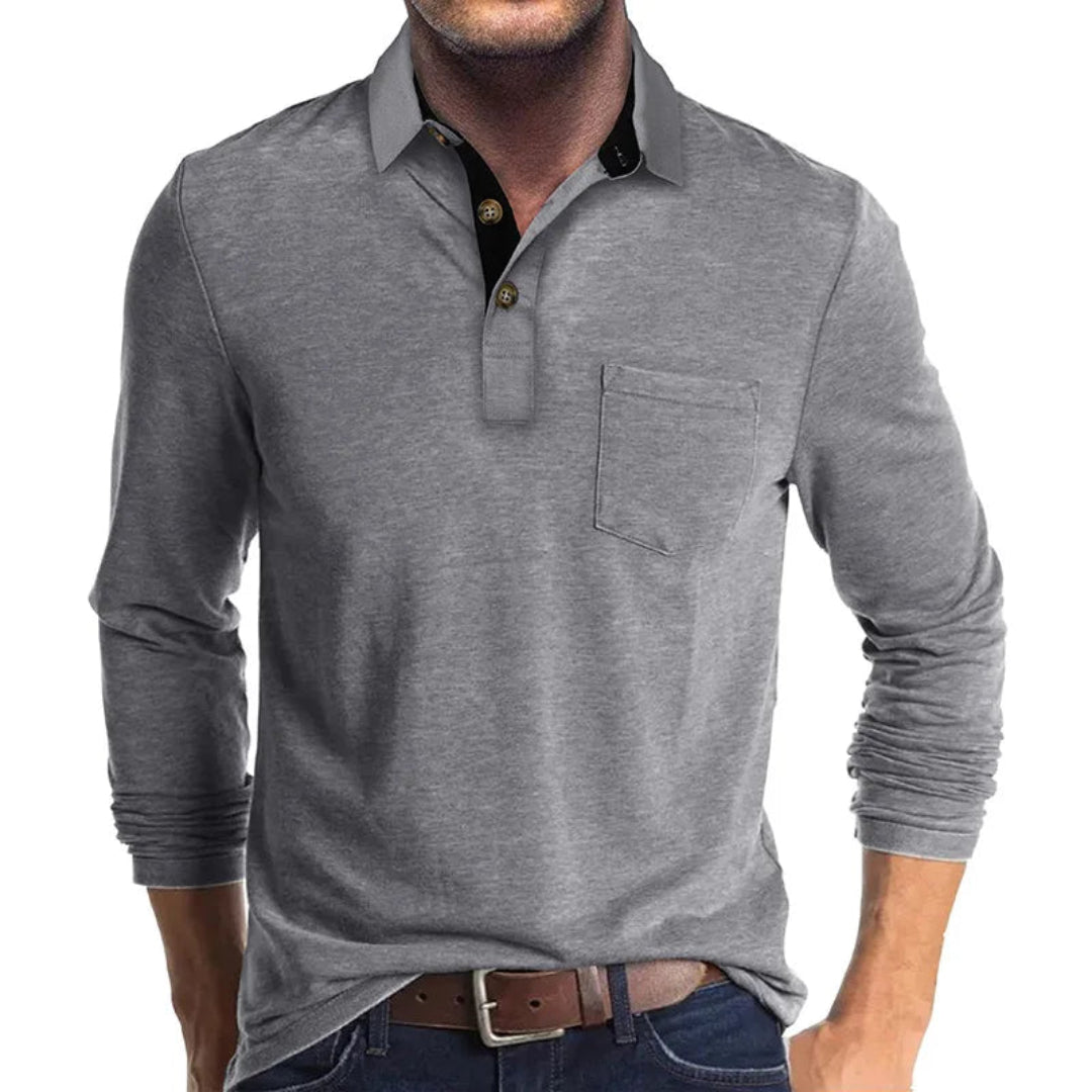 Polo Wilfred de Manga Larga | Cuello en Contraste y Bolsillo de Pecho - Gris claro