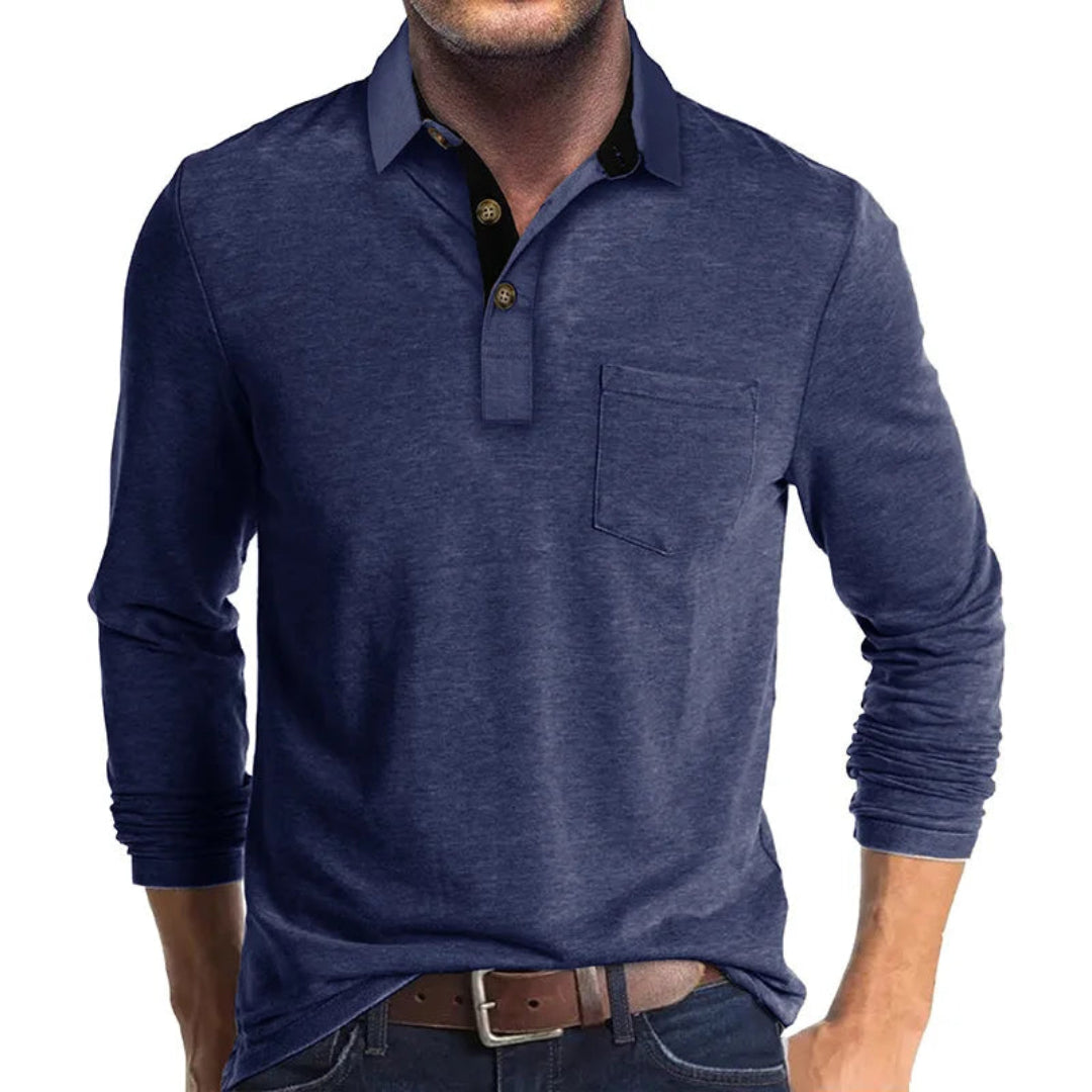 Polo Wilfred de Manga Larga | Cuello en Contraste y Bolsillo de Pecho - Azul oscuro