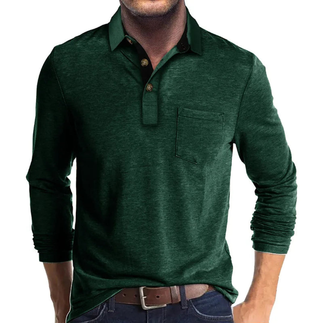 Polo Wilfred de Manga Larga | Cuello en Contraste y Bolsillo de Pecho - Verde