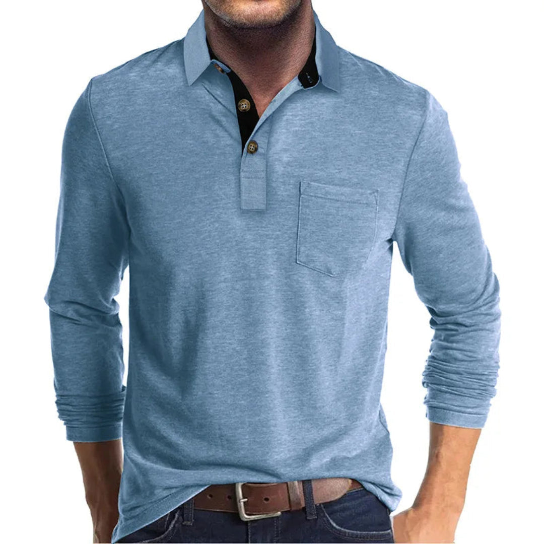 Polo Wilfred de Manga Larga | Cuello en Contraste y Bolsillo de Pecho - Azul claro