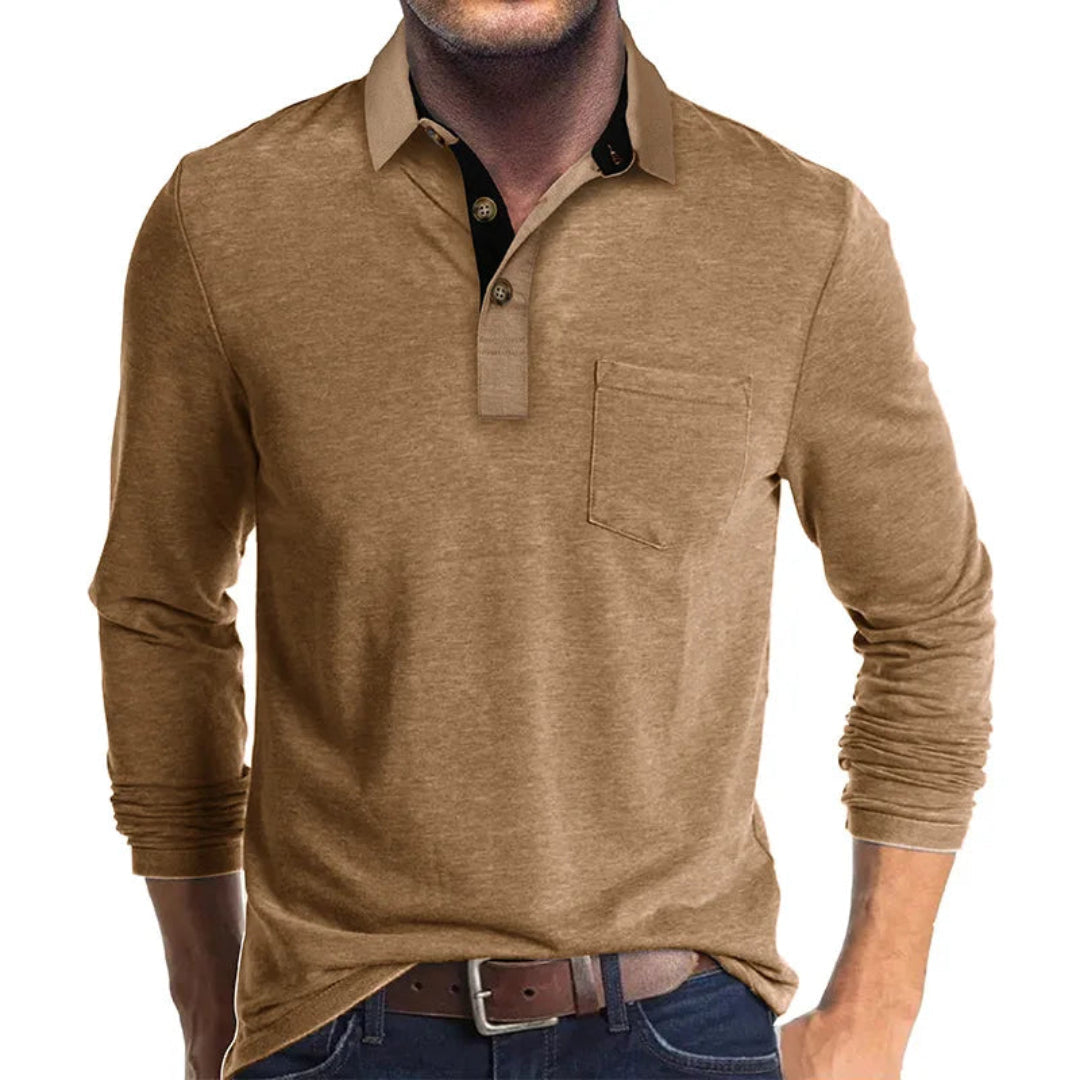 Polo Wilfred de Manga Larga | Cuello en Contraste y Bolsillo de Pecho - Marrón claro
