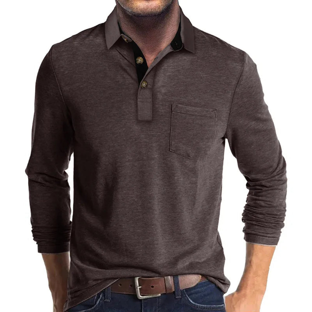 Polo Wilfred de Manga Larga | Cuello en Contraste y Bolsillo de Pecho - Marrón oscuro