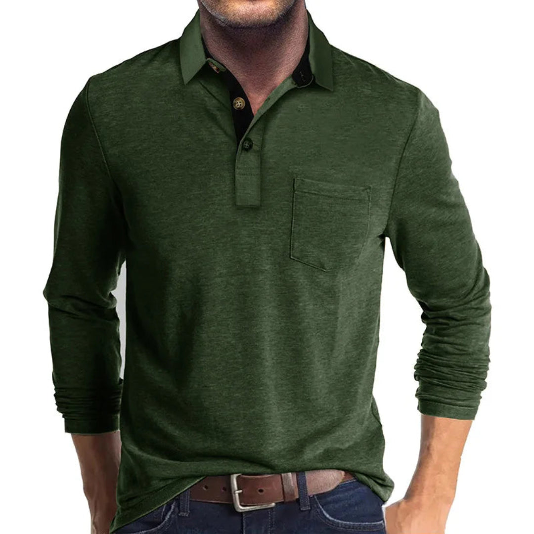 Polo Wilfred de Manga Larga | Cuello en Contraste y Bolsillo de Pecho - Verde oscuro