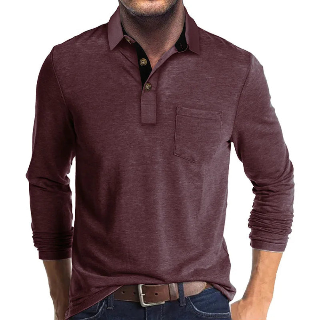 Polo Wilfred de Manga Larga | Cuello en Contraste y Bolsillo de Pecho - Rojo