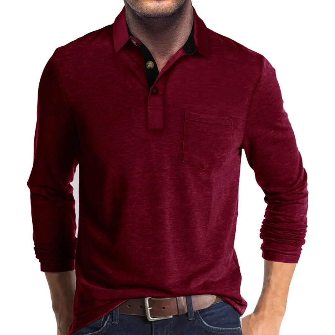 Polo Wilfred de Manga Larga | Cuello en Contraste y Bolsillo de Pecho - Rojo oscuro