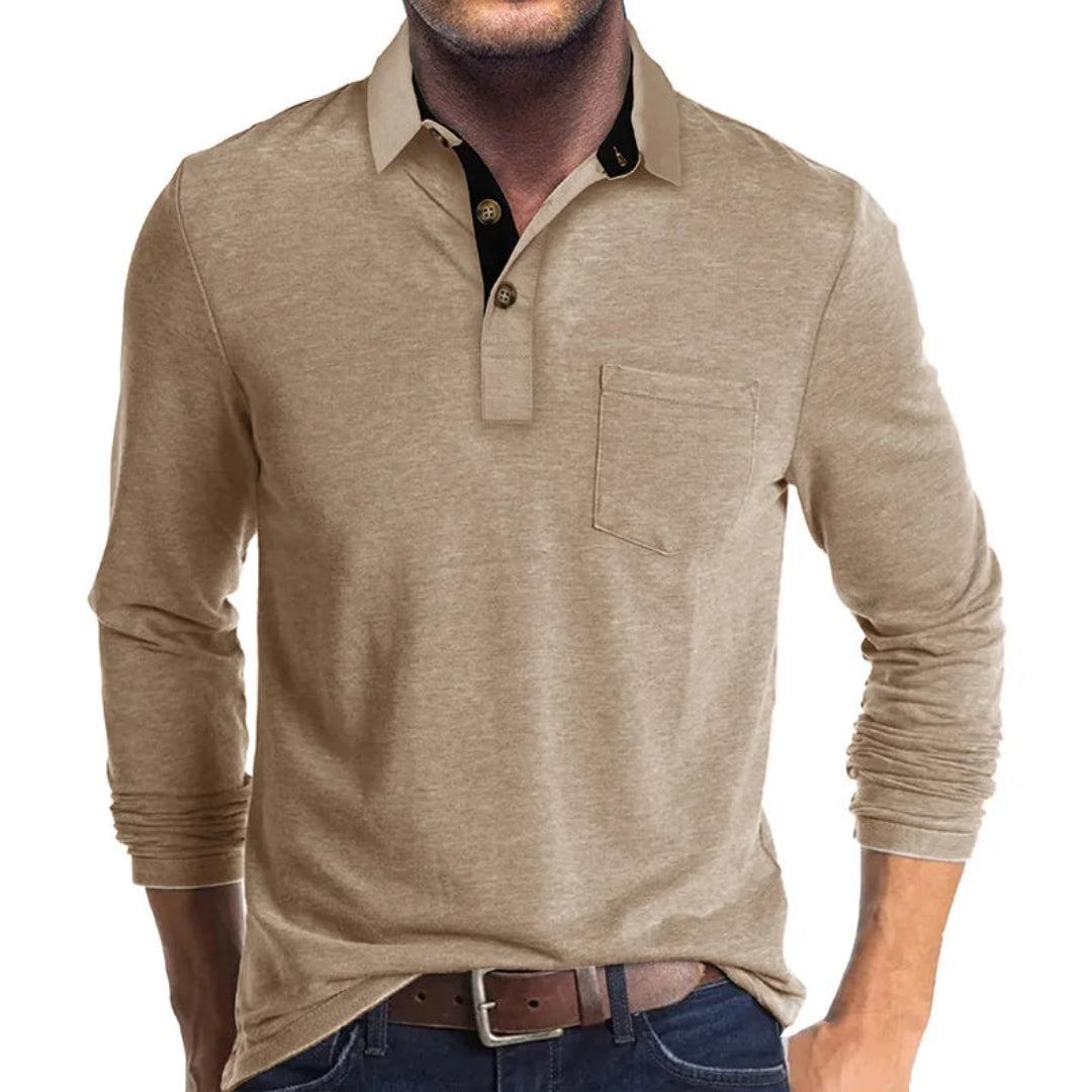 Polo Wilfred de Manga Larga | Cuello en Contraste y Bolsillo de Pecho - Caqui