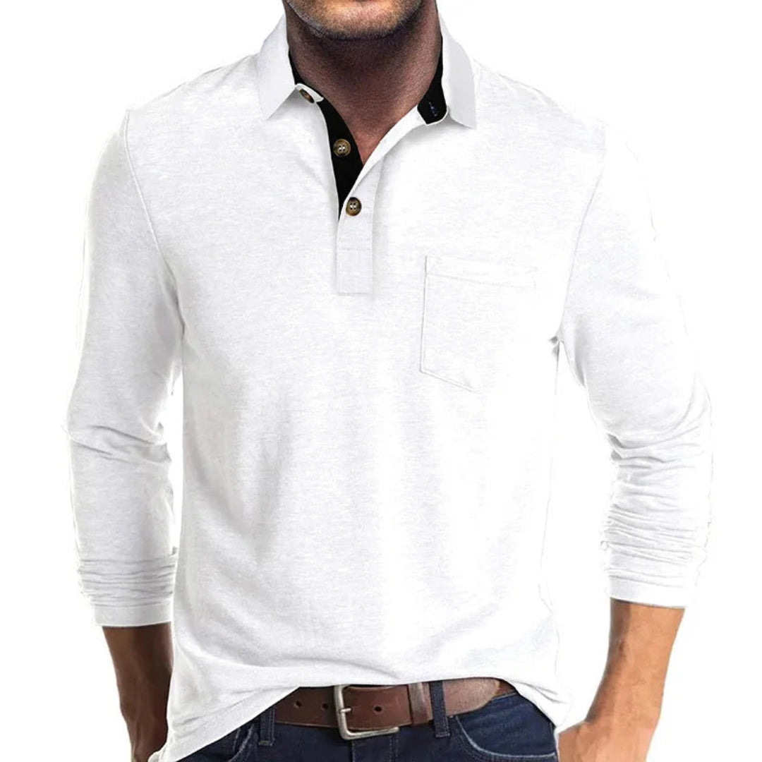 Polo Wilfred de Manga Larga | Cuello en Contraste y Bolsillo de Pecho - Blanco