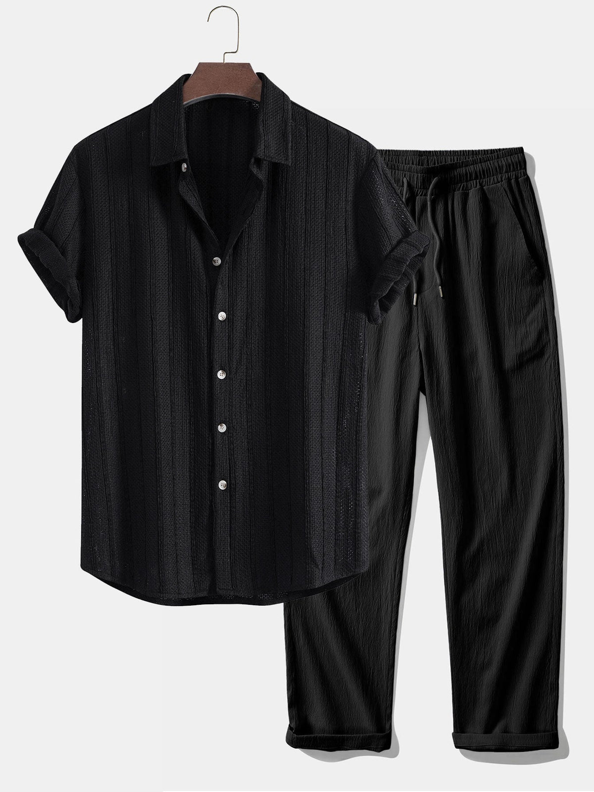 Valentin | Camisa de Rayas Texturizada y Pantalón - Negro
