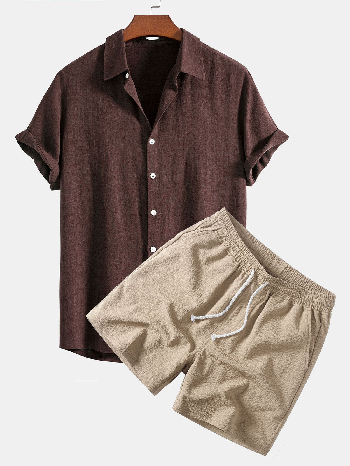 Xavier | Camisa Lino-Rayón y Short - Café