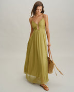 Olivia | Vestido largo verde con fruncidos